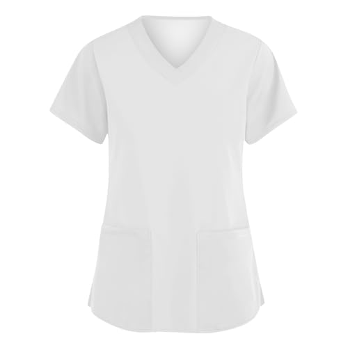 Kasacks Damen Pflege Schlupfhemd Bluse Kurzarm V-Ausschnitt Schlupfkasack Uniform Berufsbekleidung Krankenschwester Atmungsaktiv Nurse Arbeitskleidung T-Shirt Tops mit Taschen von Saymany