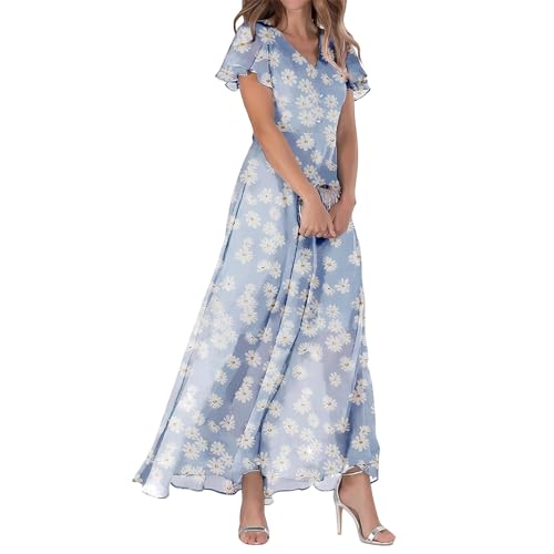 Kleider Damen Lang V-Ausschnitt Summer Freizeitkleid Ärmellos Kleid Sommer Lang Tunika Kleider Damen Knielang Sommer Leicht Ärmellos Sommerkleid a Linie Damen Kleid Boho Damen(Hellblau,M) von Saymany