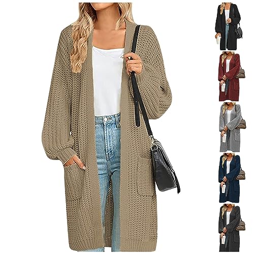 Lange Strickjacke Damen, Strickjacken Für Damen Cardigan Damen Lang Strickjacke Schwarz Strickjacke Damen Grobstrick Dünne Strickjacke Damen Strickjacke Sommer Strickcardigan Damen(Khaki,M) von Saymany