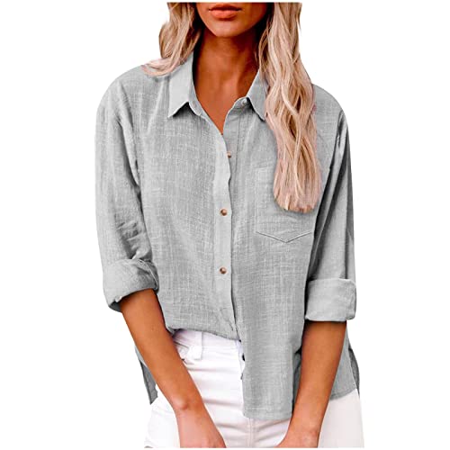 Leinenbluse Damen Sommer Leinen Bluse Langarm Elegant Musselin Bluse Große Größen Revers Knopfleiste Blusenshirt Frühling Urlaub Einfarbig Casual Longbluse Hemdbluse mit Taschen von Saymany