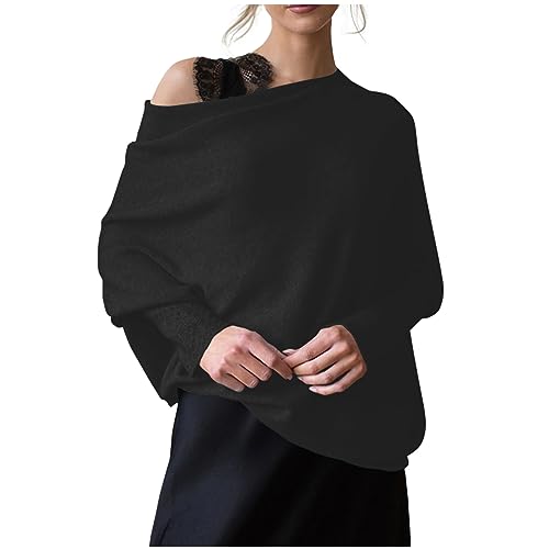 Pullover Damen Herbst Fledermausärmel Strickpullover Pullover Einfarbige Langarm Rundhals Oberteil Top Lockerer Strickpullover Knitted Basic Stretch Sweater Langarm Elegant Pulli Oberteile von Saymany