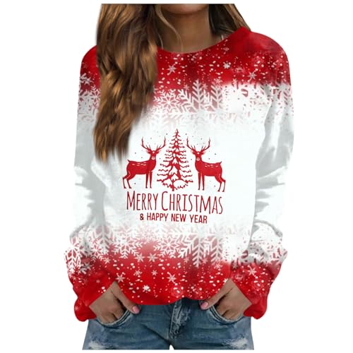 Pullover Damen Herbst Weihnachts-Sweatshirt Damen Tshirt Langarm Weihnachtskleid Damen Christmas Pullover Christmas Pullover Damen Langarmshirt Damen Sport Ugly Weihnachtspullover(4-Vermilion,L) von Saymany