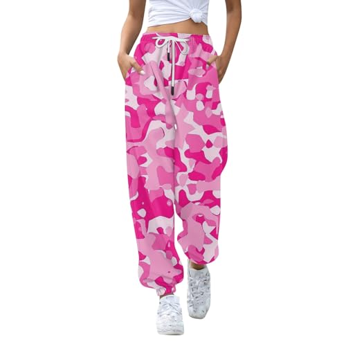 Relaxhose Damen Locker Cargo Jogginghose Damen Hose Damen Elegant Weite Jogginghose Damen Hose Weites Bein Damen Karierte Hose Damen Weite Jogginghose Damen Cargohose Baggy(1-Watermelon Red,S) von Saymany