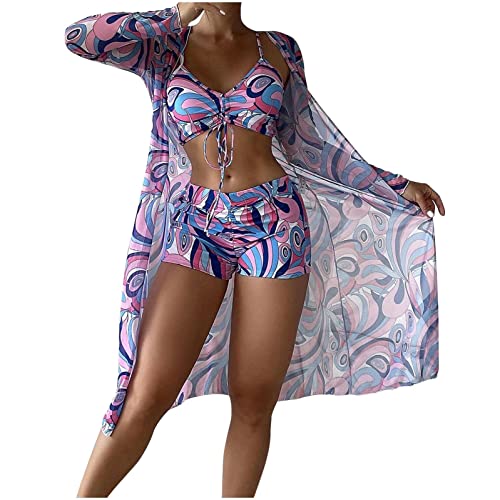 Saymany 3-teilige Anzüge für Damen Badeanzüge Bikini-Sets mit Cover-Ups Strickjacken Damen hawaiianische Bademode Blumendruck rückenfreier Bikini-Badeanzug Bademode-Set Strandponcho von Saymany