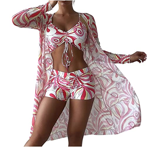 Saymany 3-teilige Anzüge für Damen Badeanzüge Bikini-Sets mit Cover-Ups Strickjacken Damen hawaiianische Bademode Blumendruck rückenfreier Bikini-Badeanzug Bademode-Set Strandponcho von Saymany