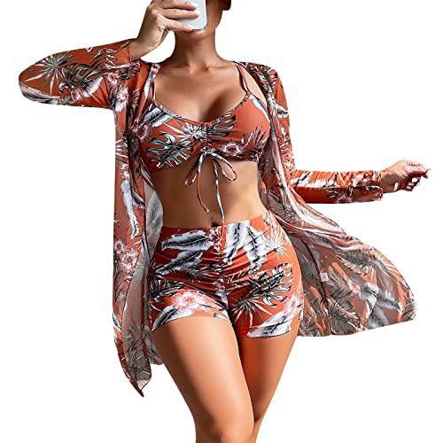 Saymany 3-teilige Anzüge für Damen Badeanzüge Bikini-Sets mit Cover-Ups Strickjacken Damen hawaiianische Bademode Blumendruck rückenfreier Bikini-Badeanzug Bademode-Set Strandponcho von Saymany