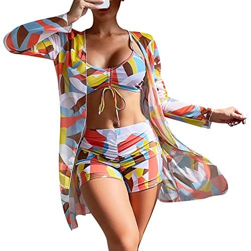 Saymany 3-teilige Anzüge für Damen Badeanzüge Bikini-Sets mit Cover-Ups Strickjacken Damen hawaiianische Bademode Blumendruck rückenfreier Bikini-Badeanzug Bademode-Set Strandponcho von Saymany