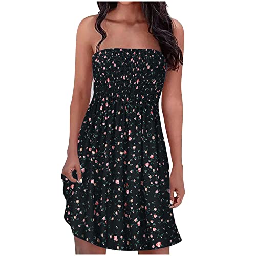 Saymany Bandeau Kleid Sommer Damen Sommer Boho Sommerkleid Elegant Kurz Freizeitkleid Trägerlos Ärmellos Party Strandkleid Cocktailkleid Farbverlauf Blumen Minikleid Stretch Hohe Taille Faltenkleid von Saymany