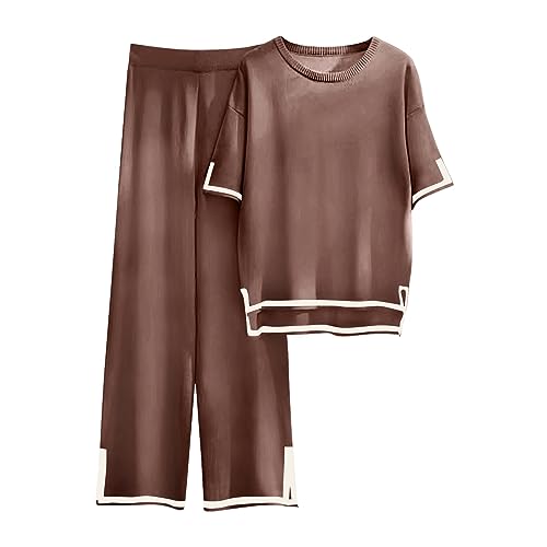 Saymany Damen 2 Stück Outfits Pullover Sets Strick Kurzarm Pullover Tops Elastisch Taillierte Hosen Loungewear Mode Farbblock Outfits Freizeitanzug mit Taschen Lässiger Loungewear Zweiteilige von Saymany