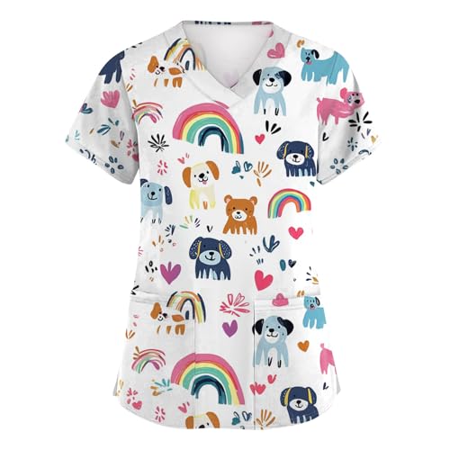 Saymany Damen Kasack für Pflege und Altenpflege - Berufskleidung Kurzarm V-Ausschnitt Bequemer Krankenpfleger Uniformen Schlupfkasack Bunt Drucke Arbeitskleidung Krankenpfleger Pflege von Saymany