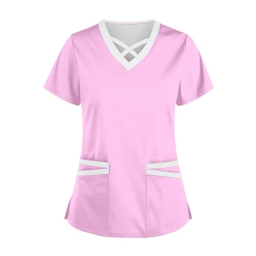Saymany Kasack Weihnachten Angenehm Krankenschwester Kleidung Kasacks Kurzarm Pflege Bluse Kasack Atmungsaktiv Schlupfkasack Pflege Kleidung Damen Kittel Damen Berufskleidung Angebote (2-Pink,M) von Saymany