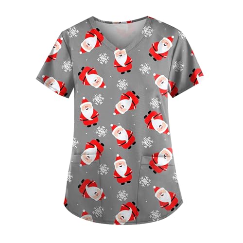 Saymany Kasaks Altenpflege Damen Angenehm Pflege Bluse Uniform Atmungsaktiv Krankenschwester Kostüm Kittel Kasack Motiv Weihnachten Weihnachtskasack Mit Taschen Deals(3-Gray,S) von Saymany