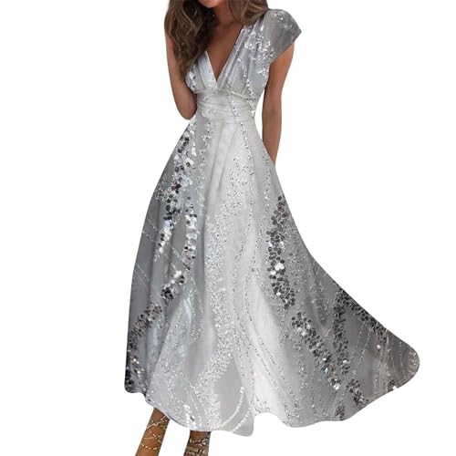 Saymany Kleid Lang Damen Festlich Tunika Kleid a Linie Kurz Ärmellos Festliche Damenkleider Swing Kleid Damen Festlich Blumenkleid Jeanskleid Tunika Kleid Damen Sommer(3-Light Gray,M) von Saymany