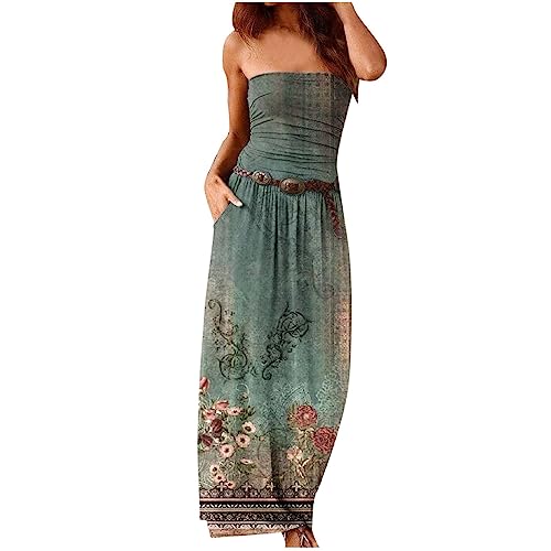 Saymany Kleider Damen Sommer Elegant Bandeau Kleid Damen Sommer Boho Sommerkleid Elegant Lang Freizeitkleid Trägerlos Ärmellos Party Strandkleid Boho Kleider Maxikleid mit Tasche Kleider(ohne Gürtel) von Saymany