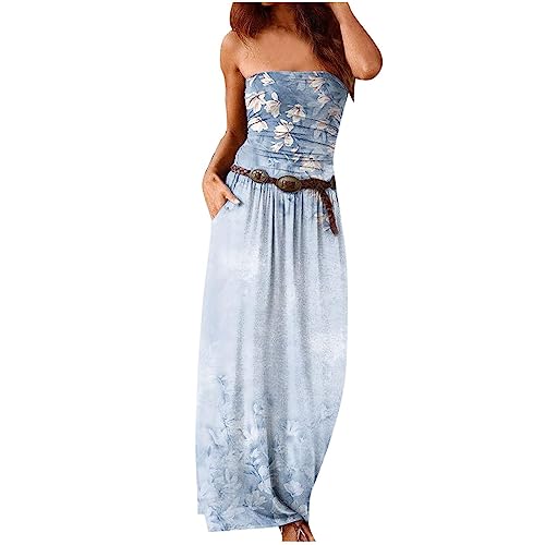 Saymany Kleider Damen Sommer Elegant Bandeau Kleid Damen Sommer Boho Sommerkleid Elegant Lang Freizeitkleid Trägerlos Ärmellos Party Strandkleid Boho Kleider Maxikleid mit Tasche Kleider(ohne Gürtel) von Saymany