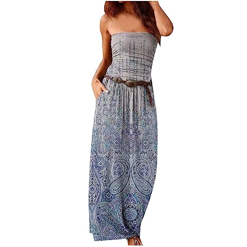 Saymany Kleider Damen Sommer Elegant Bandeau Kleid Damen Sommer Boho Sommerkleid Elegant Lang Freizeitkleid Trägerlos Ärmellos Party Strandkleid Boho Kleider Maxikleid mit Tasche Kleider(ohne Gürtel) von Saymany