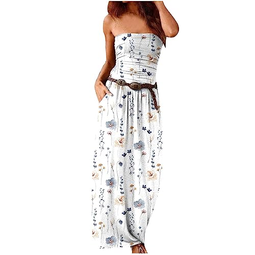 Saymany Kleider Damen Sommer Elegant Bandeau Kleid Damen Sommer Boho Sommerkleid Elegant Lang Freizeitkleid Trägerlos Ärmellos Party Strandkleid Boho Kleider Maxikleid mit Tasche Kleider(ohne Gürtel) von Saymany