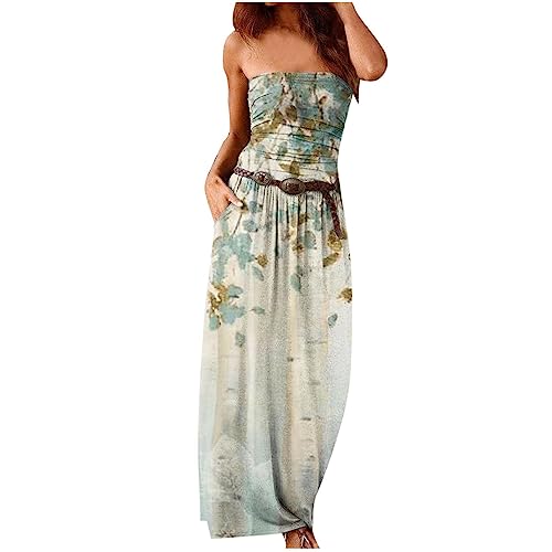 Saymany Kleider Damen Sommer Elegant Bandeau Kleid Damen Sommer Boho Sommerkleid Elegant Lang Freizeitkleid Trägerlos Ärmellos Party Strandkleid Boho Kleider Maxikleid mit Tasche Kleider(ohne Gürtel) von Saymany