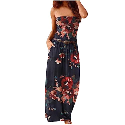 Saymany Kleider Damen Sommer Elegant Bandeau Kleid Damen Sommer Boho Sommerkleid Elegant Lang Freizeitkleid Trägerlos Ärmellos Party Strandkleid Boho Kleider Maxikleid mit Tasche Kleider(ohne Gürtel) von Saymany