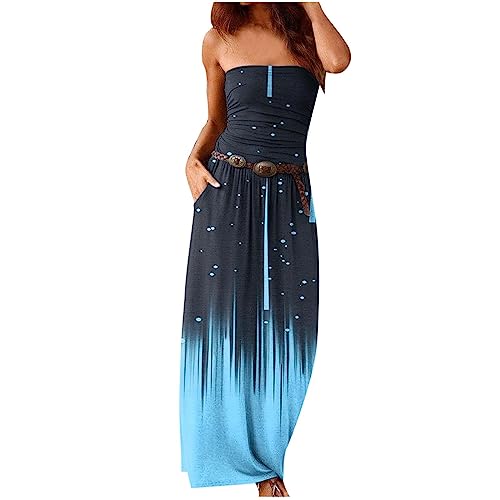 Saymany Kleider Damen Sommer Elegant Bandeau Kleid Damen Sommer Boho Sommerkleid Elegant Lang Freizeitkleid Trägerlos Ärmellos Party Strandkleid Boho Kleider Maxikleid mit Tasche Kleider(ohne Gürtel) von Saymany