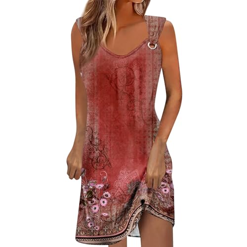 Saymany Kleider Für Damen Hohe Taille Strandkleid Tank Ärmellos Leichte Lässige Freizeitkleid Midi Kleid Damen Große Größen Sommer Kleid Kurz Damen Strand Freizeitkleider Damen Sommer(5-Red,S) von Saymany