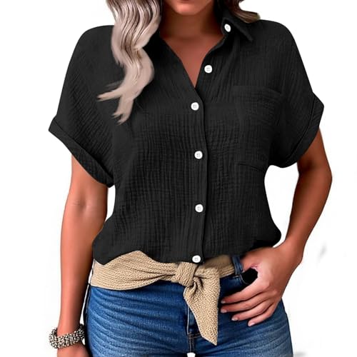 Saymany Musselin Hemd Bluse für Damen Elegant Tuniken Sommer Oberteile Kurzarm Leinenbluse Longbluse Oversized Hemdbluse Lässig Vintage Tshirt für Leggings von Saymany