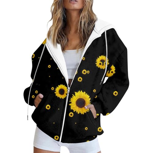 Saymany Puffer Jacke Damen Herbst Winter Damen-Jacken Weihnachts Hoodie Einfarbig Hoodies Kapuzenpulli Reißverschluss Weiße Pullover Mit Taschen Zip Sweatshirt (C Black,XXL) von Saymany