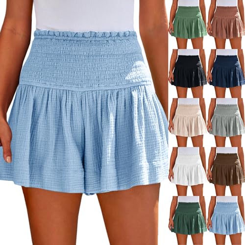 Saymany Sporthose Damen Kurz Ausgestelltes Bein Locker Beach Shorts Strandshorts Sommer Elastisch High Waist Bermudashorts Freizeitshorts 2025 Kurz Hose High Waist Freizeithose（Himmelblau，M） von Saymany