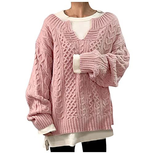 Saymany Strickpullover Damen V-Auschnitt Pullover Grobstrick Winterpullover Strickpulli Sweater Lässig Outwear Casual Elegant Einfarbig Mode Lose Pulli Warm Pullover Oberteile Cable Knit Sweatshirt von Saymany