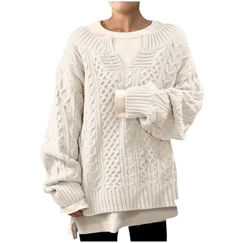 Saymany Strickpullover Damen V-Auschnitt Pullover Grobstrick Winterpullover Strickpulli Sweater Lässig Outwear Casual Elegant Einfarbig Mode Lose Pulli Warm Pullover Oberteile Cable Knit Sweatshirt von Saymany