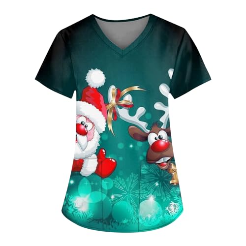 Saymany Weihnachten Kasack Atmungsaktiv Top Schlupfkasack Angenehm Krankenschwester Kostüm Kasacks Weihnachtskasak Kasacks Damen Pflege Weihnachten Mit Taschen Offer(1-Turquoise,3XL) von Saymany