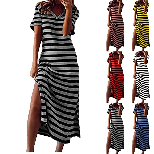 Sommerkleid Damen Streifen Maxikleid Kurzarm V-Ausschnitt Sommer Maxi Kleid, Lockeres Freizeitkleid Lässiges Lange Strandkleid Damen Strand Split Loose Lange Kleider Tunika Kleid Cocktailkleid von Saymany