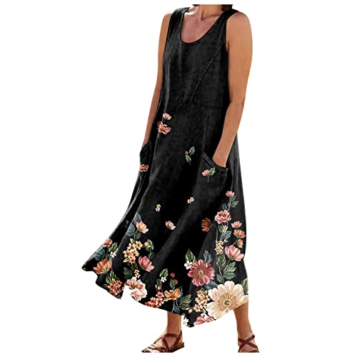 Sommerkleider Damen Leinen Kleider Casual T-Shirt Kleid Ärmellos Maxikleid A-Linie Strandkleider Damen Sommer Tunika Kleider Lang Freizeitkleider Shirtkleider Lockeres Trägerkleid mit Taschen von Saymany