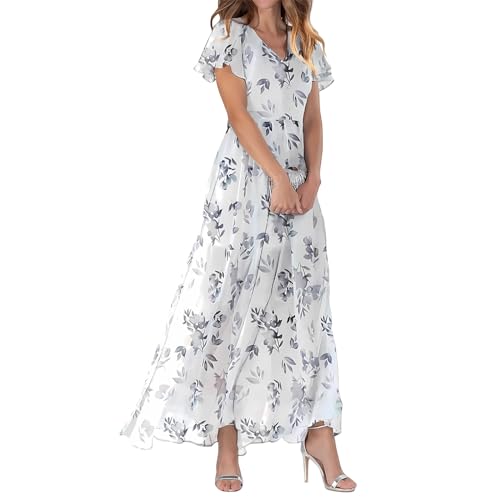 Sommerkleider Damen Midi Rüschen Kurzarm Kurz Freizeitkleider Strand Kleid Boho Damen V-Ausschnitt Damenkleider Sommer Lang Lässiges Strandkleid Damen Sommer Kleid Knielang Damen(Weiß,M) von Saymany