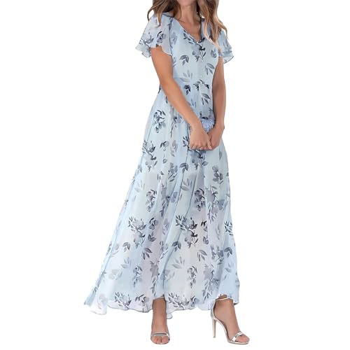 Sommerkleider Kleider Rüschen Kurzarm Ärmellos Tank Kleid Freizeit Sommerkleid Damen Midi Hohe Taille Boho Style Damen Kurzes Kleider Damen Sommer Sommerkleider Damen Knielang(Himmelblau,XS) von Saymany