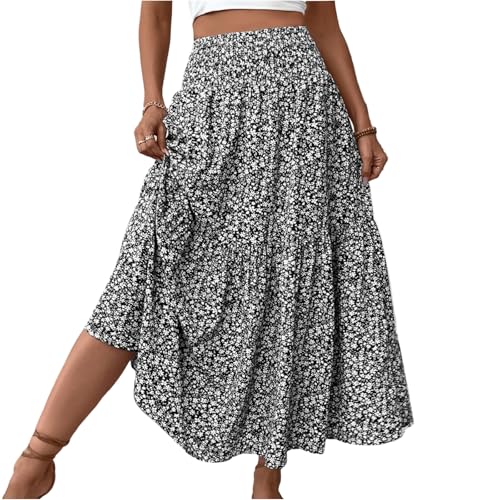 Sommerrock Damen Leicht Und Luftig Sommerrock Rock Lang Sommer Boho Bohemien Druck Maxi Rock Boho Kleid Elastische Bund Plisseerock Damen Lang Strandkleid（1-Dark Blue，XXL） von Saymany