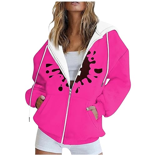 Sweatshirt Jacke Damen Mit Kapuze Damen Hoodie Lang Kapuzenpullover Damen Pullover Damen Sweatjacke Damen Lang Damen Pullover Winter Sweatjacke Damen Lang Hoodie Damen Oversize(2-Hot Pink,XXL von Saymany