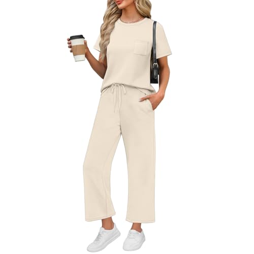 Zweiteiler Damen Mit Hose Sommer Sommer Einfarbige Freizeitanzug Hosenanzug Große Größen Y2k Sport Anzug Kurzarm Und Kurz Hose Mit Taschen Leinen Set Damen Sommer Loungewear Set（2-Beige，L） von Saymany