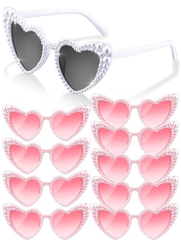 Saysurey 10 Stück Sonnenbrille für Junggesellinnenabschied, herzförmige Perlen, Brautjungfern-Geschenke für Frauen, Braut, Hochzeit, Party, Weiß / Pink, Medium von Saysurey