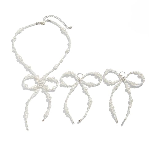 Sbshiouu Elegantes Perlen-Schleifen-Halskette und Ohrring-Set für Damen, stilvoller Schmuck für den täglichen Gebrauch, besonders von Sbshiouu