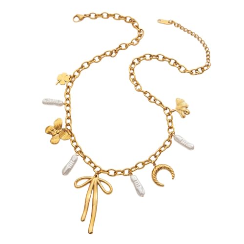Sbshiouu Schlichte Halskette mit Anhänger mit Perlen und Schleife, Edelstahl, minimalistischer Schmuck, verstellbare Kette für individuelle Anpassung von Sbshiouu