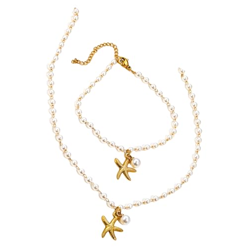 Sbshiouu Stilvolle Strandurlaub Seestern Perlen Halskette Armband Einstellbare Länge Edelstahl Kette Urlaub von Sbshiouu