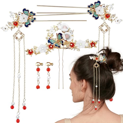 Haarnadeln mit chinesischen Schmetterlings-Quasten, Pfingstrosen, Kristallperlen, Hanfu-Haarnadeln, klassischer Blumen-Hochzeits-Kopfschmuck, Brautschmuck, Zubehör für Hochsteckfrisuren, langes Haar von Sbuxhrkid