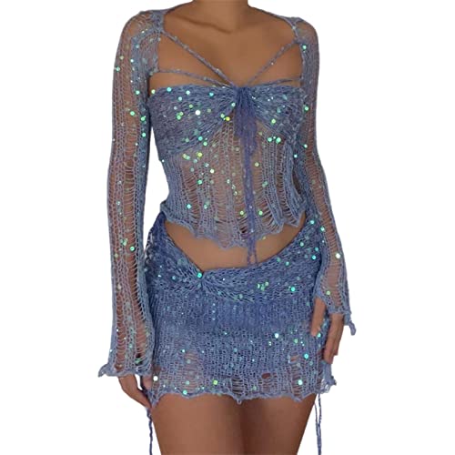 2 Stück Damen Hollow Pailletten Kleid Set mit Tüchern Abendkleid Sexy Hohe Taille Glitzer Kurz Kleid Maxikleid Elegant Cocktailkleid Ballkleider Paillettenkleid Party Mode Kleid (Blue-a, M) von Sbyhbhyds