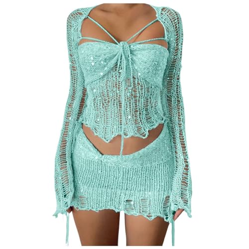 2 Stück Damen Hollow Pailletten Kleid Set mit Tüchern Abendkleid Sexy Hohe Taille Glitzer Kurz Kleid Maxikleid Elegant Cocktailkleid Ballkleider Paillettenkleid Party Mode Kleid (Mint Green-b, M) von Sbyhbhyds