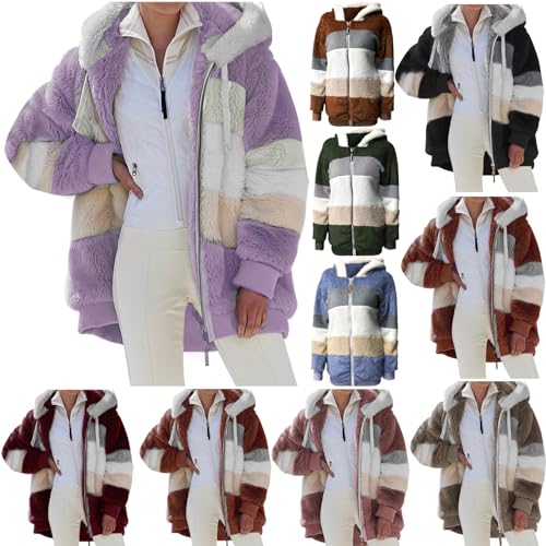 Damen Fleecejacke Hoodie Kapuzenpullover, Teddy Fleece Warm Herbst Wintermantel ReißVerschluss Fellmantel PlüSchjacke Mit Taschen Plüsch Gefüttert Warme Plüschmantel Sweatshirt Mantel (1-Purple-A, M) von Sbyhbhyds