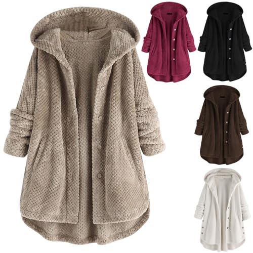 Damen Fleecejacke Kapuze Plüschjacke Große Größen Fleecemantel Thermo Fleece Teddymantel Mode Lässig Plüschmantel Plüsch Fleece Jacke Winterjacke Mantel Warme Teddyfleece Wintermäntel (Grey, L) von Sbyhbhyds