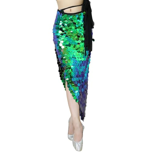 Damen Rock Pailletten Lang Schlitz Rock Kostüm Bauchtanz Mini Rock Pailletten Party Maxi Glitzerkleid (Green, M) von Sbyhbhyds