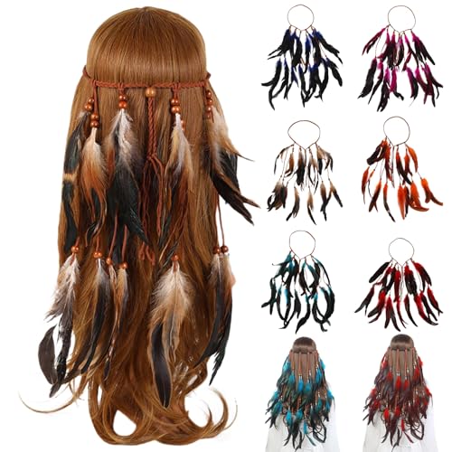 Feder Kopfschmuck Boho Hippie Stirnband 1 Stück,Indian Feather Stirnband,Frauen Bohemien Feder Quasten Seil Weben Gürtel Haarband Haarschmuck,Hippie Boho Festival Party Indisch (1-Brown, One Size) von Sbyhbhyds