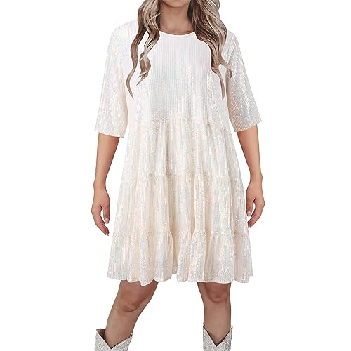 Sbyhbhyds Paillettenkleid für Damen, kurzärmelig, Rundhalsausschnitt, funkelndes Glitzer-Minikleid, Elegantes Hochzeits-Cocktail-Partykleid Sommerkleid Damen Leinen Kleider (Beige, XXL) von Sbyhbhyds